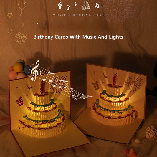 3D Pop Up Birthday Greeting Cards, Auto Play Music Warm LED Light Birthday Cake Card, Gifts For Mom Wife Sister Boy Girl Friends