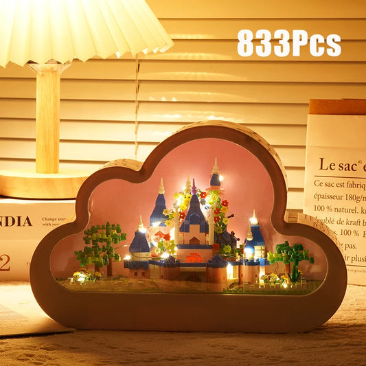 Birthday Gift Valentine's Day Gift Creative Pink Castle in Cloud with Led Lights Model Building Blocks City Architecture Mirror Construction MOC Bricks Toys Gifts